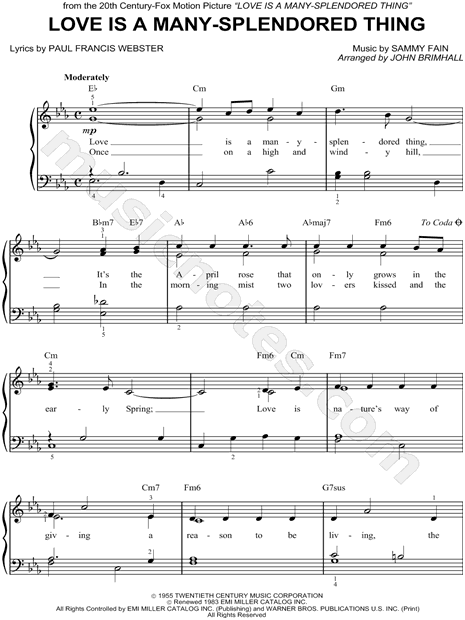 Love Is A Many Splendored Thing Free Sheet Music For Piano Pdf